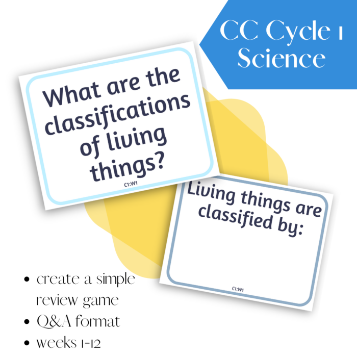 Create a simple one-room schoolhouse game for memory work review with these CC Cycle 1 Science Q&A Cards, formatted for memory master